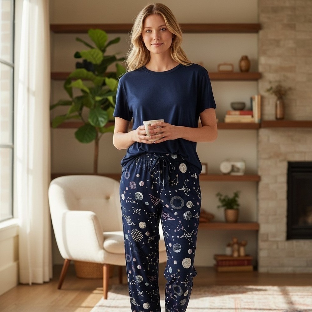 HB by Hale Bob Womens Pajama Set Navy Celestial Star Print S1114 Large